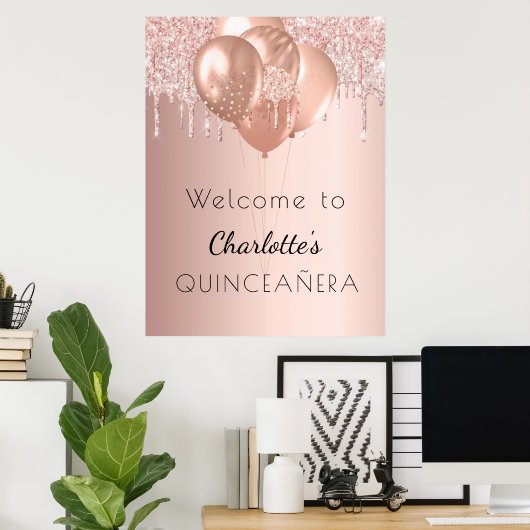 Quinceanera roos goudzige glitter welkom poster (Thuiskantoor)