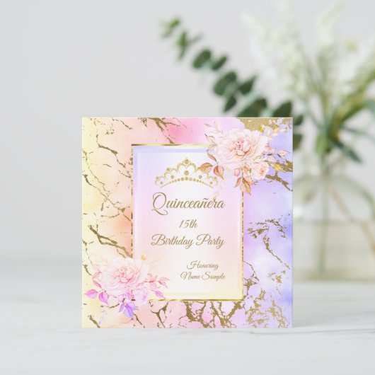 Quinceanera Roos Paarse roze goudfeest Kaart (Staand voorkant)