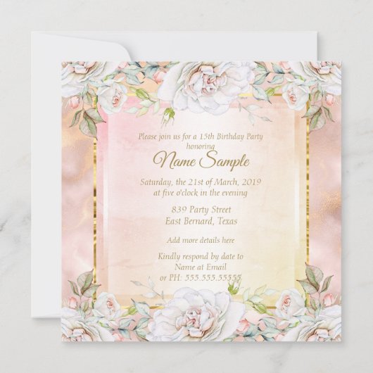 Quinceanera Roos Pink Gold Birthday Party nodigt u Kaart (Achterkant)