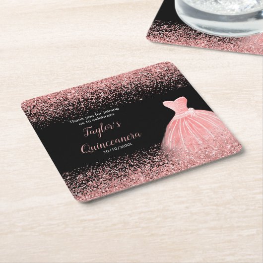 Quinceanera Roos Roze Faux Glitter Verjaardagsfees Kartonnen Onderzetters (Schuin)