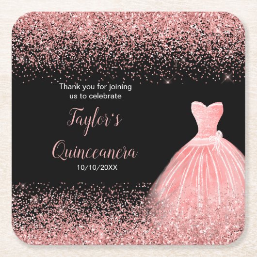 Quinceanera Roos Roze Faux Glitter Verjaardagsfees Kartonnen Onderzetters (Voorkant)