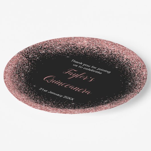 Quinceanera Roos Roze Faux Glitter Verjaardagsfees Papieren Bordje (Gekanteld)