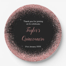 Quinceanera Roos Roze Faux Glitter Verjaardagsfees Papieren Bordje
