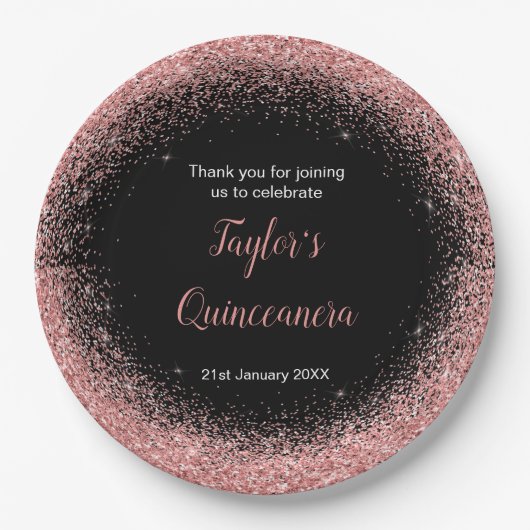 Quinceanera Roos Roze Faux Glitter Verjaardagsfees Papieren Bordje (Voorkant)