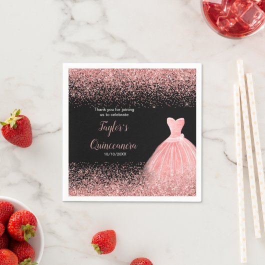 Quinceanera Roos Roze Faux Glitter Verjaardagsfees Servet (Insitu)