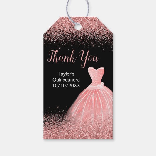 Quinceanera Roos Roze Jurk Faux Glitter Cadeaulabel (Voorkant)