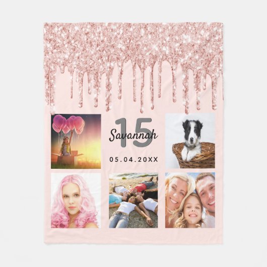 Quinceanera rose gold glitter blush pink photo fleece deken (Voorkant)