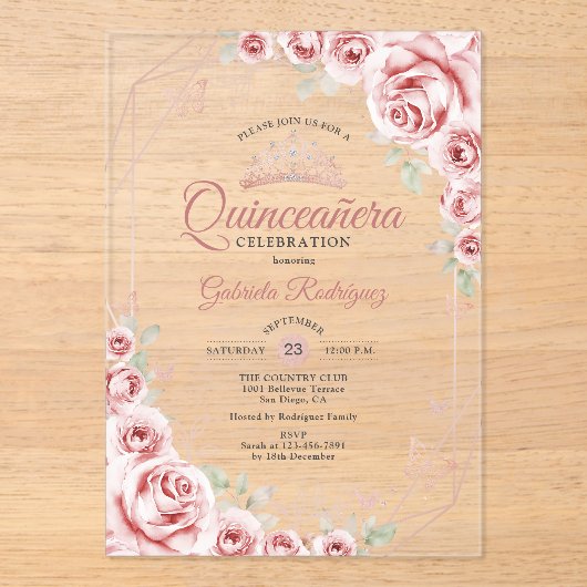Quinceanera Rose Gold Pink Floral Acryl Uitnodigingen (Voorkant)