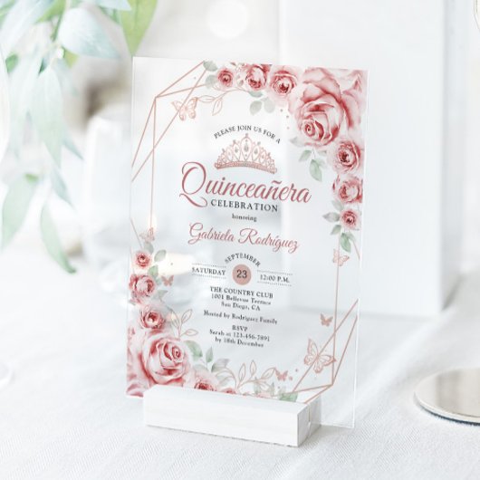 Quinceanera Rose Gold Pink Floral Acryl Uitnodigingen