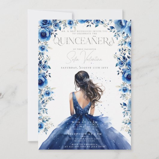 Quinceañera Royal blauw Bloemen Prinses Uitnodigin Kaart (Voorkant)
