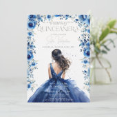 Quinceañera Royal blauw Bloemen Prinses Uitnodigin Kaart (Staand voorkant)