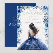 Quinceañera Royal blauw Bloemen Prinses Uitnodigin Kaart (Voorkant / Achterkant)