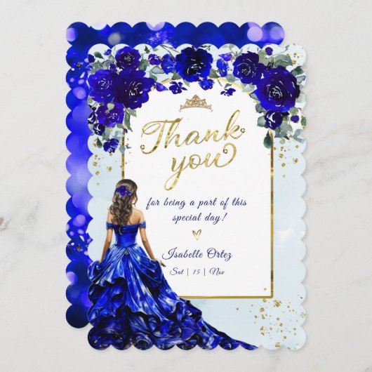 Quinceañera Royal Blauw en Goud Dank u Kaart (Voorkant / Achterkant)