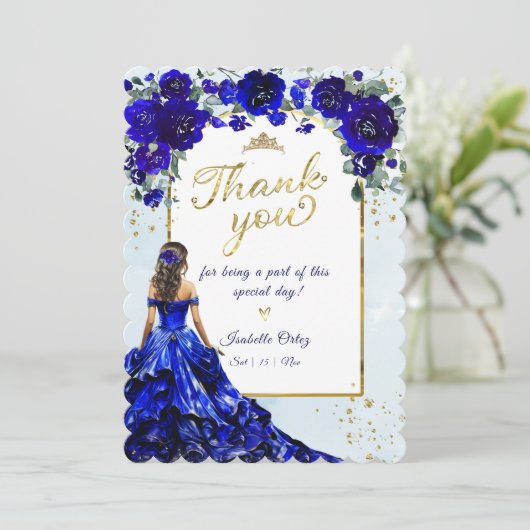 Quinceañera Royal Blauw en Goud Dank u Kaart (Staand voorkant)
