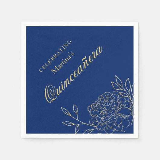 Quinceanera Royal Blauw Goud Bloemen 15e Verjaarda Servet (Voorkant)