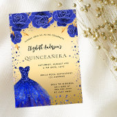 Quinceanera royal blauw goud glitter jurk bloemals uitnodiging briefkaart