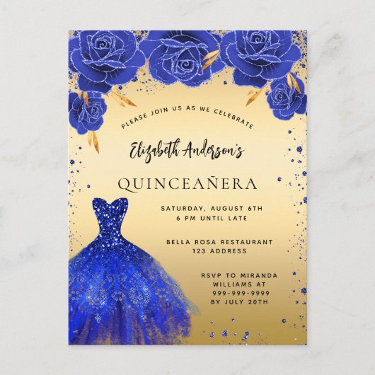 Quinceanera royal blauw goud glitter jurk bloemals uitnodiging briefkaart (Voorkant)