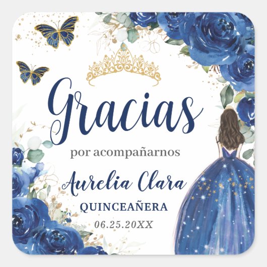 Quinceañera Royal Blue Bloemen Prinses Jurk Goud Vierkante Sticker (Voorkant)