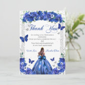 Quinceañera Royal Blue Bloemen Prinses Vlinders Bedankkaart (Staand voorkant)