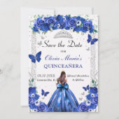 Quinceañera Royal Blue Bloemen Prinses Vlinders Save The Date (Voorkant)