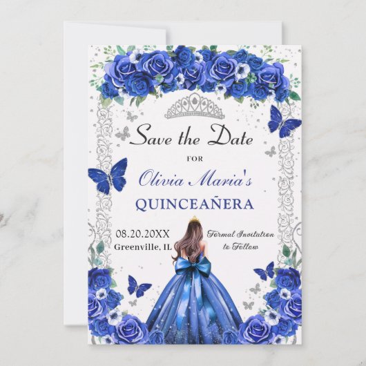 Quinceañera Royal Blue Bloemen Prinses Vlinders Save The Date (Voorkant)