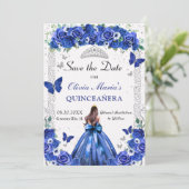 Quinceañera Royal Blue Bloemen Prinses Vlinders Save The Date (Staand voorkant)