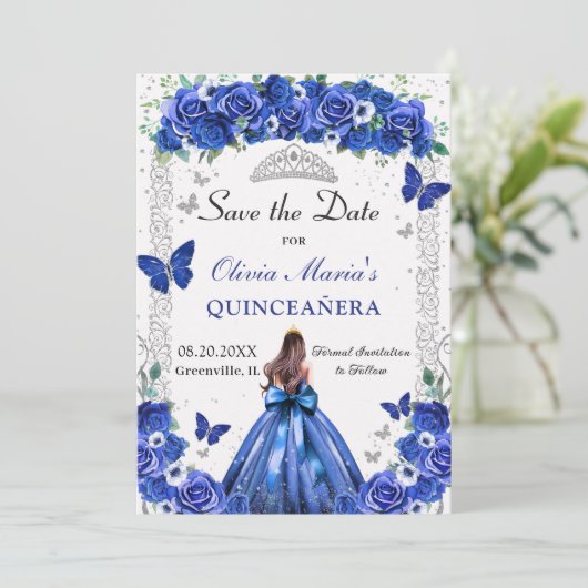 Quinceañera Royal Blue Bloemen Prinses Vlinders Save The Date (Staand voorkant)