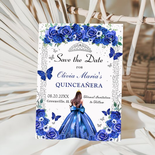 Quinceañera Royal Blue Bloemen Prinses Vlinders Save The Date