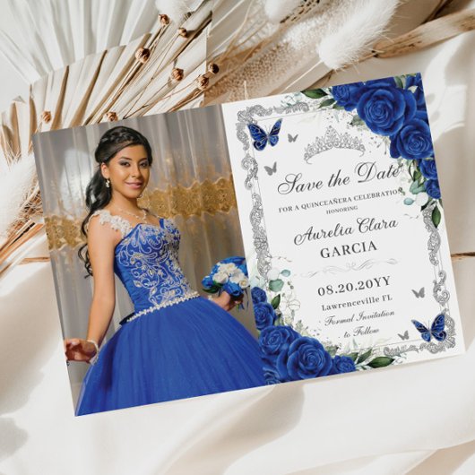Quinceañera Royal Blue Bloemen  Zilver Foto Save The Date