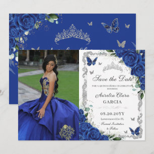 Quinceañera Royal Blue Bloemen  Zilver Foto Save The Date