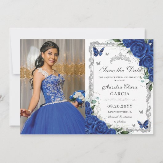 Quinceañera Royal Blue Bloemen  Zilver Foto Save The Date (Voorkant)