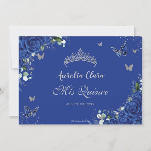 Quinceañera Royal Blue Bloemen  Zilver Foto Save The Date (Achterkant)