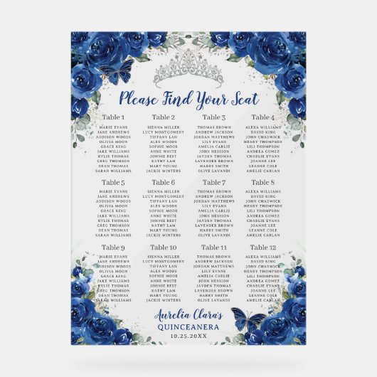 Quinceañera Royal Blue Bloemen Zilveren Zitje Acryl Bord (Voorkant)