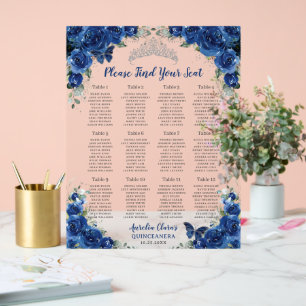 Quinceañera Royal Blue Bloemen Zilveren Zitkaart Acryl Bord