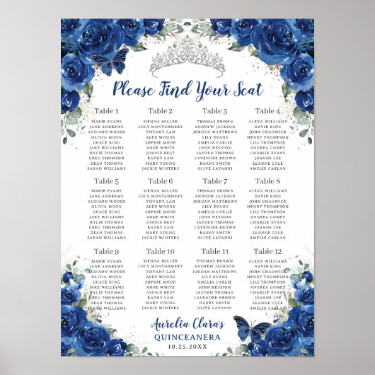 Quinceañera Royal Blue Bloemen Zilveren Zitkaart Poster (Voorkant)