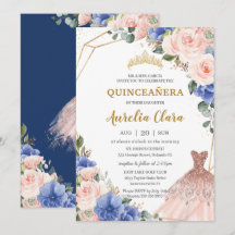 Quinceañera Royal Blue Blush Floral Ball Gown