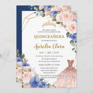 Quinceañera Royal Blue Blush Floral Ball Gown Kaart