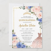 Quinceañera Royal Blue Blush Floral Dress Tiara Kaart (Voorkant)