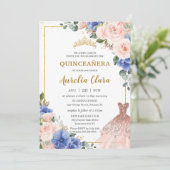 Quinceañera Royal Blue Blush Floral Dress Tiara Kaart (Staand voorkant)