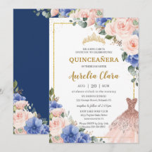 Quinceañera Royal Blue Blush Floral Dress Tiara