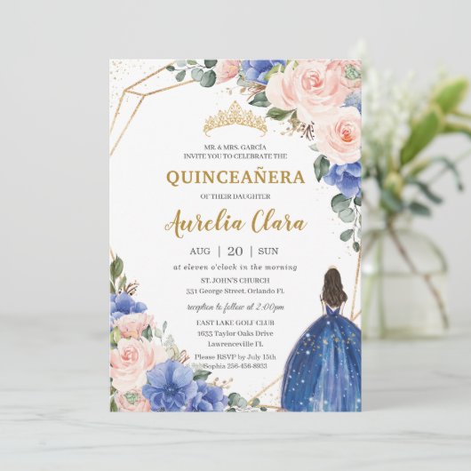 Quinceañera Royal Blue Blush Floral Gold Princess Kaart (Staand voorkant)