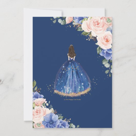 Quinceañera Royal Blue Blush Floral Gold Princess Kaart (Achterkant)