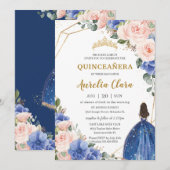 Quinceañera Royal Blue Blush Floral Gold Princess Kaart (Voorkant / Achterkant)