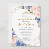Quinceañera Royal Blue Blush Floral Gold Tiara Kaart (Voorkant)