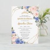 Quinceañera Royal Blue Blush Floral Gold Tiara Kaart (Staand voorkant)