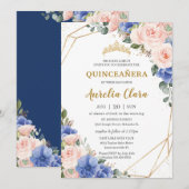 Quinceañera Royal Blue Blush Floral Gold Tiara Kaart (Voorkant / Achterkant)