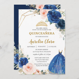 Quinceañera Royal Blue Blush Floral Roos Ball Gown Kaart
