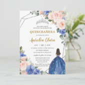 Quinceañera Royal Blue Blush Floral Silver Tiara Kaart (Staand voorkant)