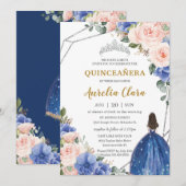 Quinceañera Royal Blue Blush Floral Silver Tiara Kaart (Voorkant / Achterkant)