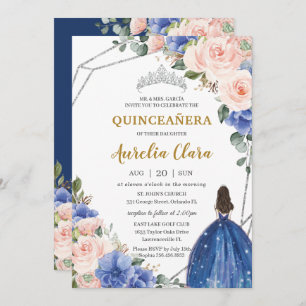 Quinceañera Royal Blue Blush Floral Silver Tiara Kaart